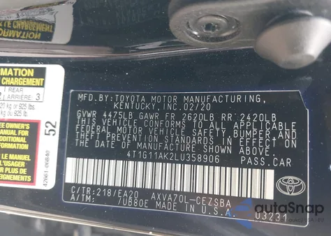 2020 Toyota Camry Se from USA, damaged, VIN 4T1G11AK2LU358906